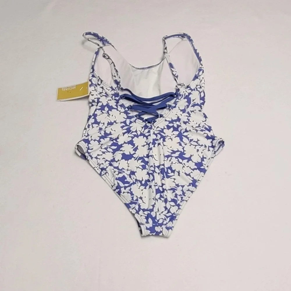 Michael Kors Women's Floral One Piece Swimsuit Blue White Lace Up Back Size 10